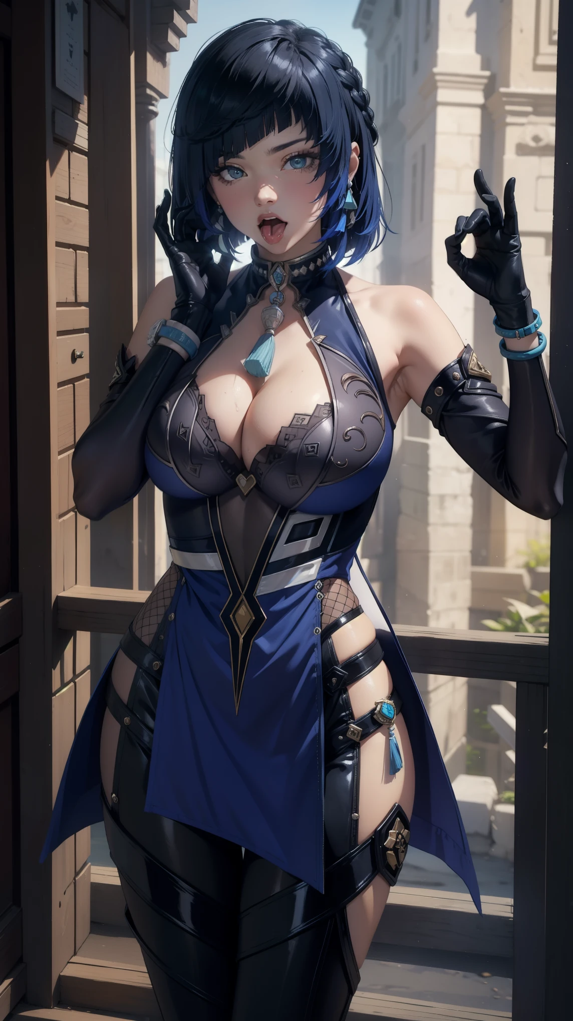 (masterpiece, top quality, best quality, official art, beautiful and aesthetic:1.2), (beautiful face), extremely detailed,colorful,highest detailed, (outdoors), bright eyes, huge breast, (fellatio gesture:1.5),(night), standing, (yelandef)