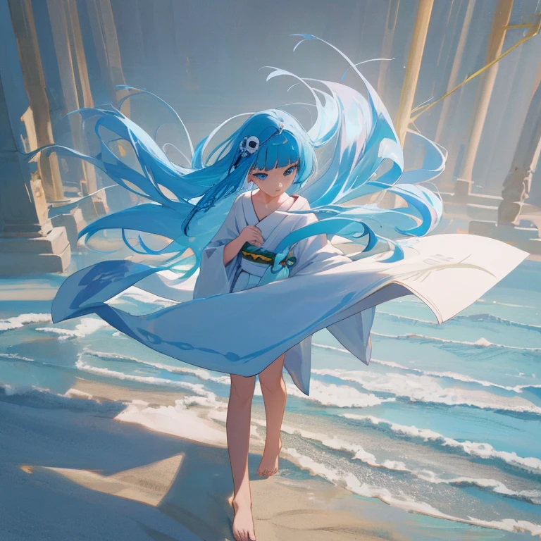 {{{{amazing quality, great quality, high quality, very aesthetic, aesthetic, best quality}}}}, 
realistic, photo, shadow, Three-dimensional, absurdres, Digital art, 
{{{{Magical girl}}}}, beautiful girl, one girl, 
light blue hair, long straight hair, hair, trimmed hair, shiny hair, blunt bangs, short sideburns, 
blue eyes, big eyes, round eyes, tareme, 
{{flat chest}}, {{small breasts}}, {{detailed body}}, slim thighs, thin thighs, 
{{white mini yukata}}, {{yellow kimono obi}}, {{skull-shaped hair ornament}}, barefoot, Geta for women, 
No panties, no bra, 