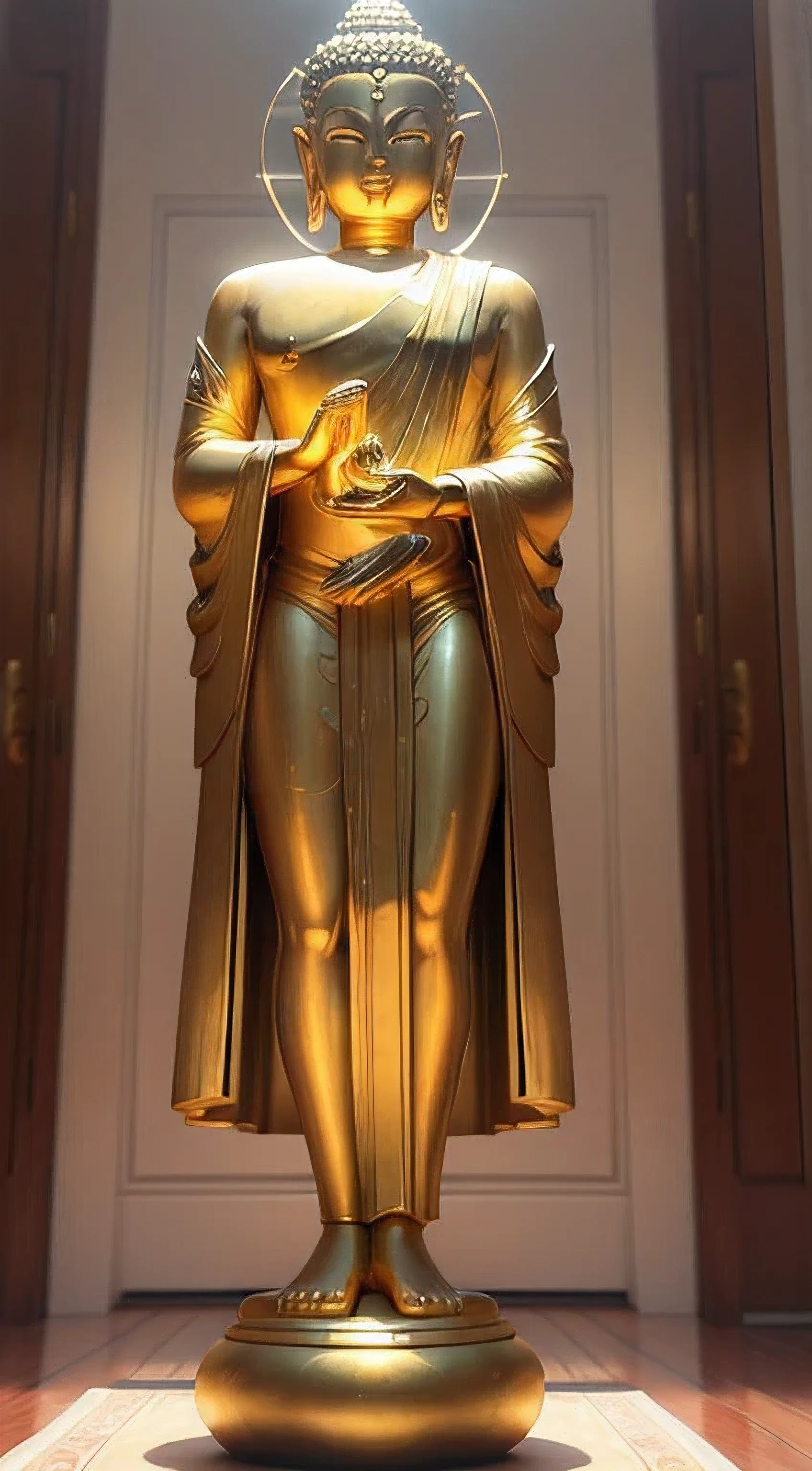 masterpiece, best quality, 8k, 4k, Golden man Buddha statue with a shining halo, buddhism, the buddha, budista, Buddha, samsara, Enlightenment, beautiful gold saint, Spiritual enlightenment, Pushkaraka, Enlightenment, buddhist art, ((front viewing)), Shining golden aura, Enlightenment. Convoluted, on path to enlightenment, on path to enlightenment, radiating golden light, standing Budda,