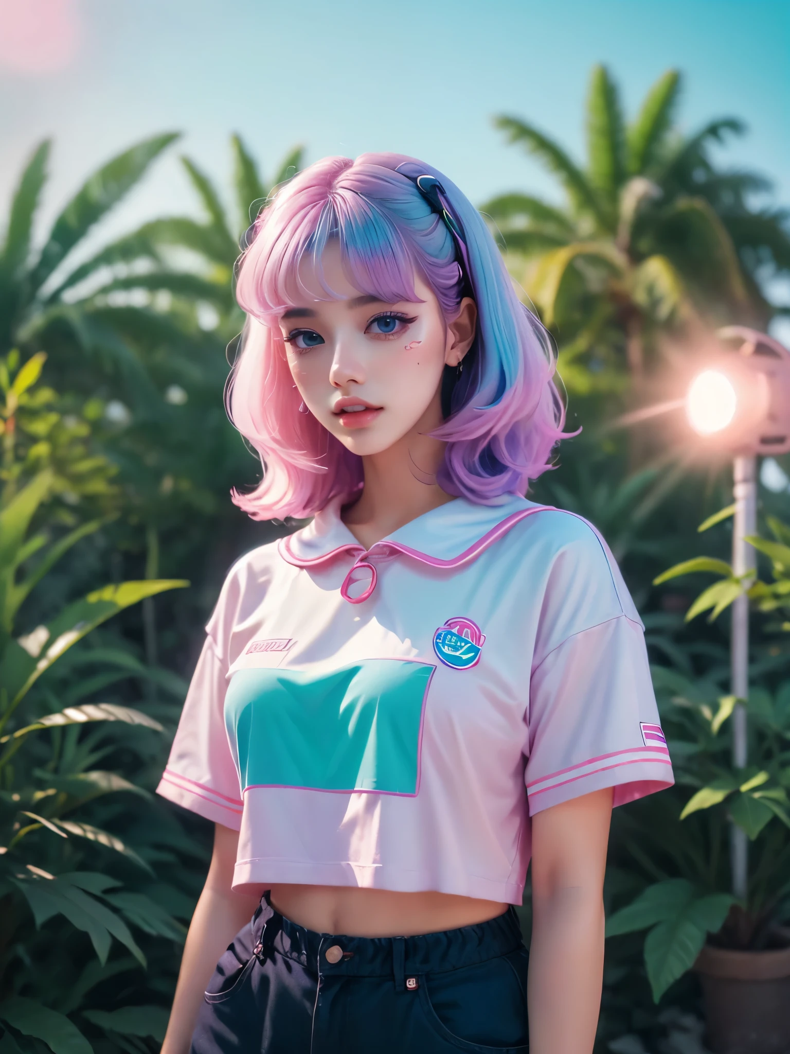 (vivid colors,ultra-detailed),a girl with (long purple hair and big blue eyes),wearing (a pink sailor uniform),standing in (a retro-futuristic cityscape with neon lights and palm trees),surrounded by (glitch art and holographic elements),reflecting the (pastel colors and dreamy atmosphere) of the Vaporwave aesthetic.(HDR,highres:1.2),(retro,80's-inspired:1.1),(cyberpunk,futuristic),(vibrant,psychedelic,pastel:1.1) colors,enhanced (bokeh,light flares),soft and (dreamlike:1.1) lighting,creating a sense of (nostalgia and tranquility).(digital illustration)