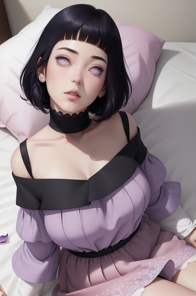 (masterpiece) (huge titusty, masterpiece, absurdres, hinata\(boruto\), 1girl, solo,mature female, off-shoulder bra, high waist short skirt, looking at viewelling petals), perfect composition, detailed lips, big breast, beautiful face, body propotion, blush, (pink lips), short hair, (black hair), purple eyes, soft gaze, super realistic, detailed, photoshoot, realistic face and body, closed mouth, laying on the bed , lilac eyes, full body, lace clothes,