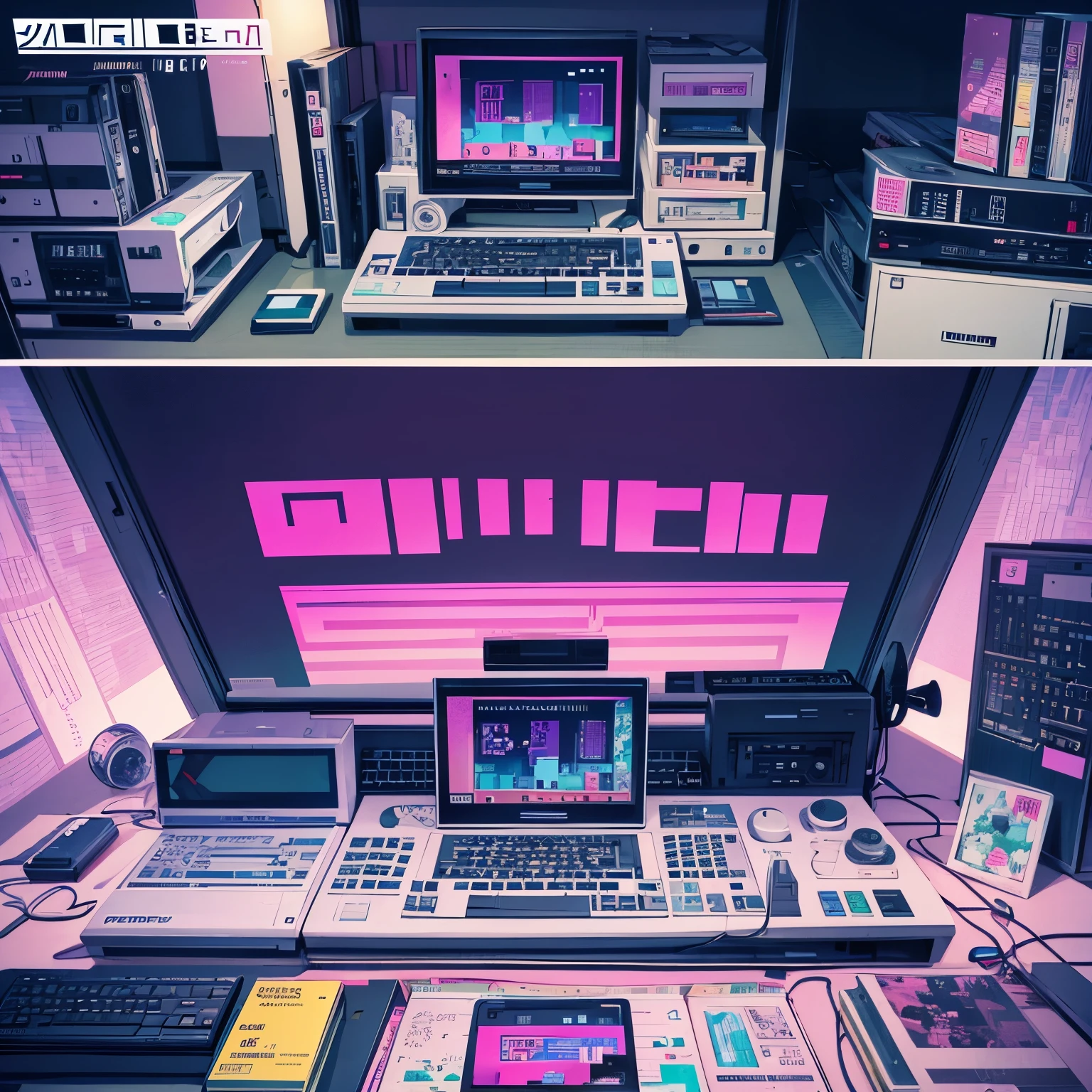 Pixel art, vaporwave aesthetics, artwork, a collection of heritage that was popular in the past but no longer exists, beta video tapes, cassette metal tapes, word processors, personal computers, Famicom, etc. Uneven, uneven, unnatural, past and present