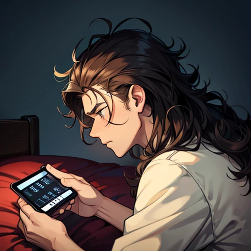 there is a man sitting on a bed with a remote control, curls on top of his head, looking at his phone, deep in thought, with a sad expression, praying, profile shot, very very low quality picture, praying with tobacco, looks sad and solemn, lit from the side, his hair is messy and unkempt, he has a devastated expression