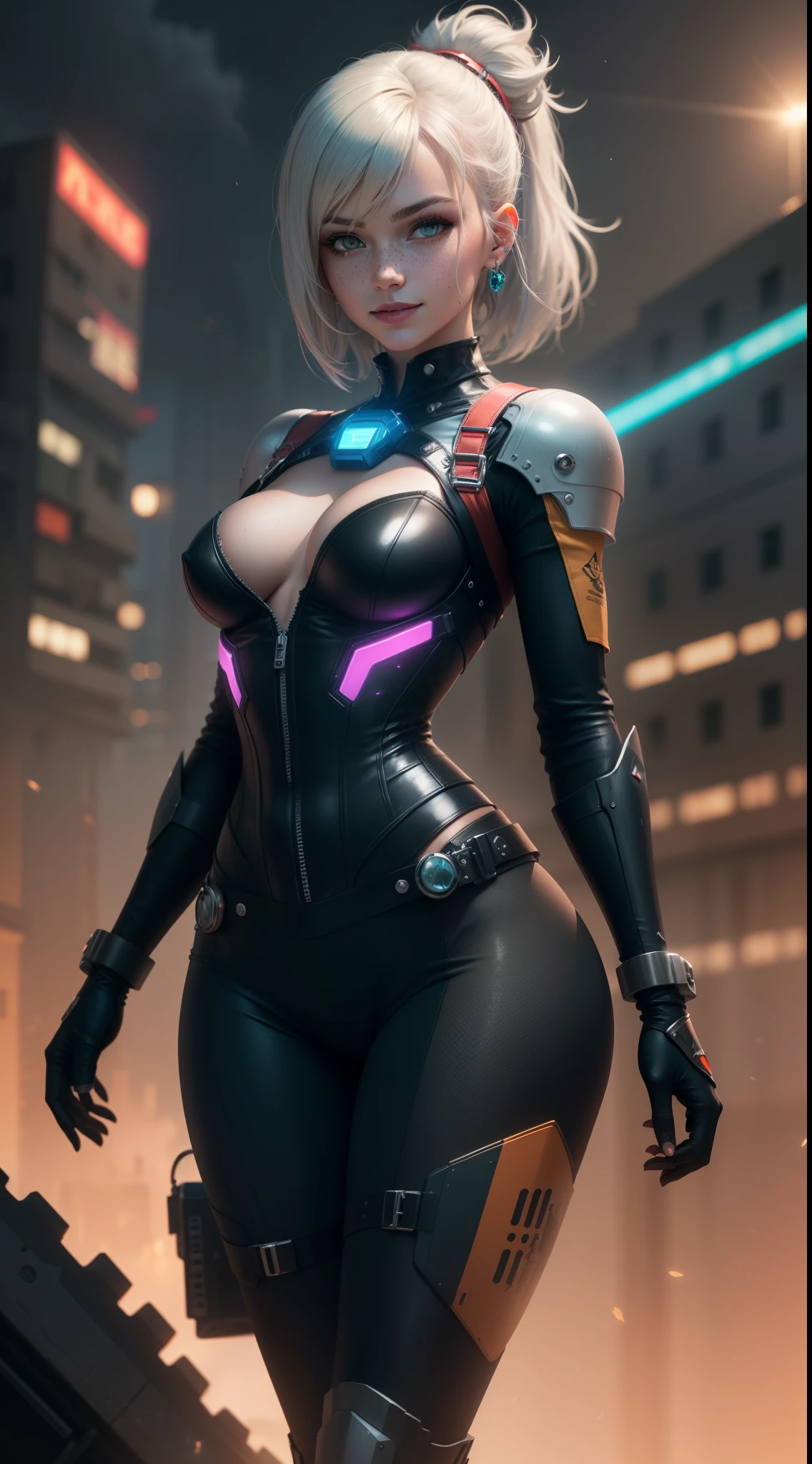 gwen tennyson,yorha 2b,mordred,samus aran,warcraft,atelier ryza,close up,space port,glowing tattoos,purple and orange space plugsuit,neon blue short sleeve space top,short sleeve space pilot jacket,space trooper armor,harness corset,cargo lycra leggings,short hair,cyberpunk makeup,green eyes,multicolored silver hair,cyborg gloves, sexy smile,freckles,beautiful girl,knee high cyborg boots,large breasts,8k,ultra detailed,realistic,fantasy art,cyborg armor,hair pin,ear piercings,(weather:windy),1girl,laser blaster,cyberpunk neck and head jewelry,