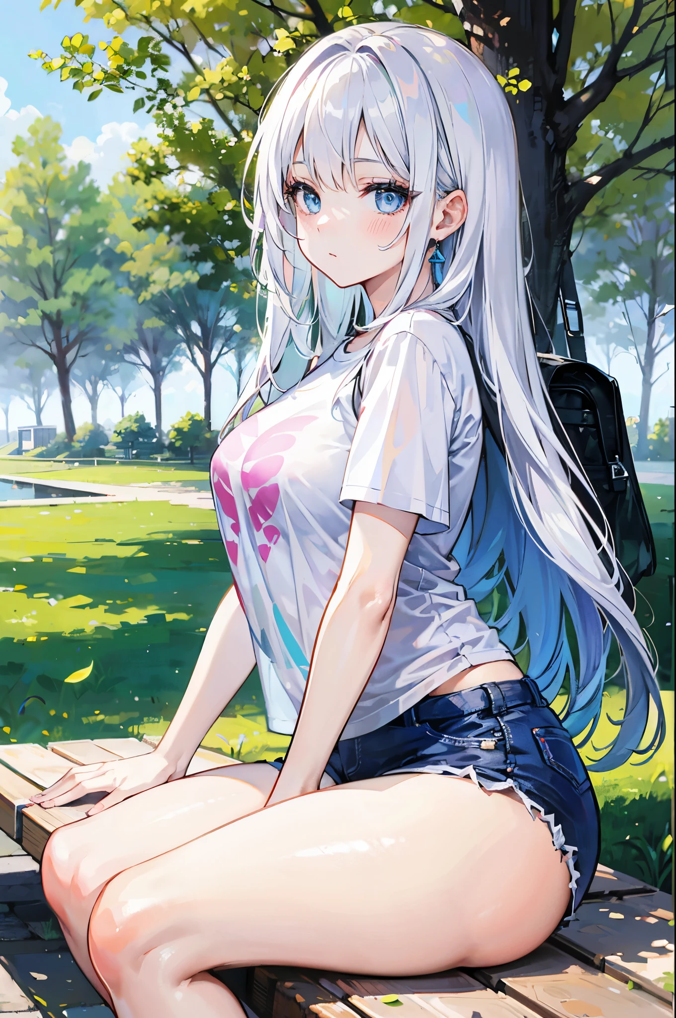 realistic image, coherent image, detailed image, 1 girl, , has white hair, long hair, light blue eyes, her face is oval and delicate, blushing, she is wearing a large t-shirt, jean mini shorts, moccasin sneakers, small breasts, curvy body, thick thighs, has an arched back, sitting on a bench, surrounded by trees, at the bottom of a park,