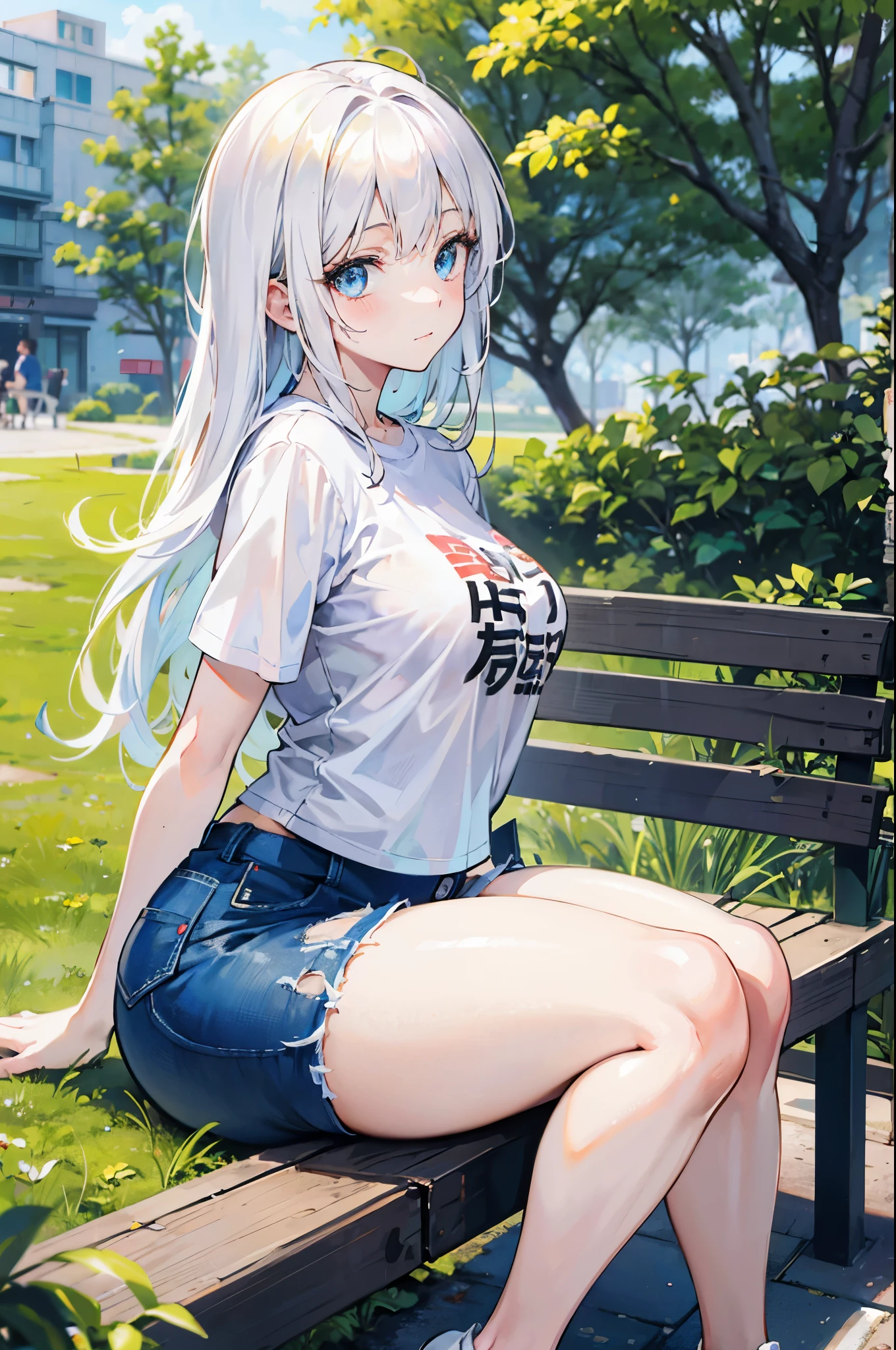 realistic image, coherent image, detailed image, 1 girl, , has white hair, long hair, light blue eyes, her face is oval and delicate, blushing, she is wearing a large t-shirt, jean mini shorts, moccasin sneakers, small breasts, curvy body, thick thighs, has an arched back, sitting on a bench, surrounded by trees, at the bottom of a park,