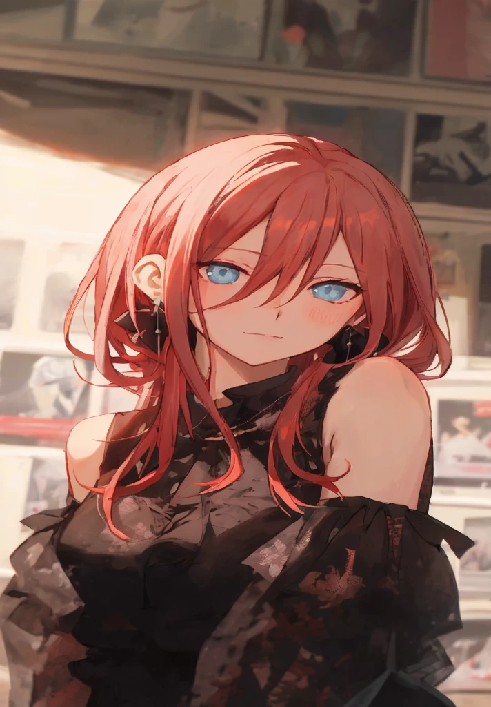 Anime girl with red hair and blue eyes wearing a black skirt, Anime visual of a cute girl, anime visual of a young woman, Portrait of an anime girl, Beautiful anime portrait, seductive anime girls, Detailed portrait of anime girl, beautiful anime girl, Anime girl wearing black dress, Portrait anime girl, young anime girl, Attractive anime girl, Exquisite details. girls frontline