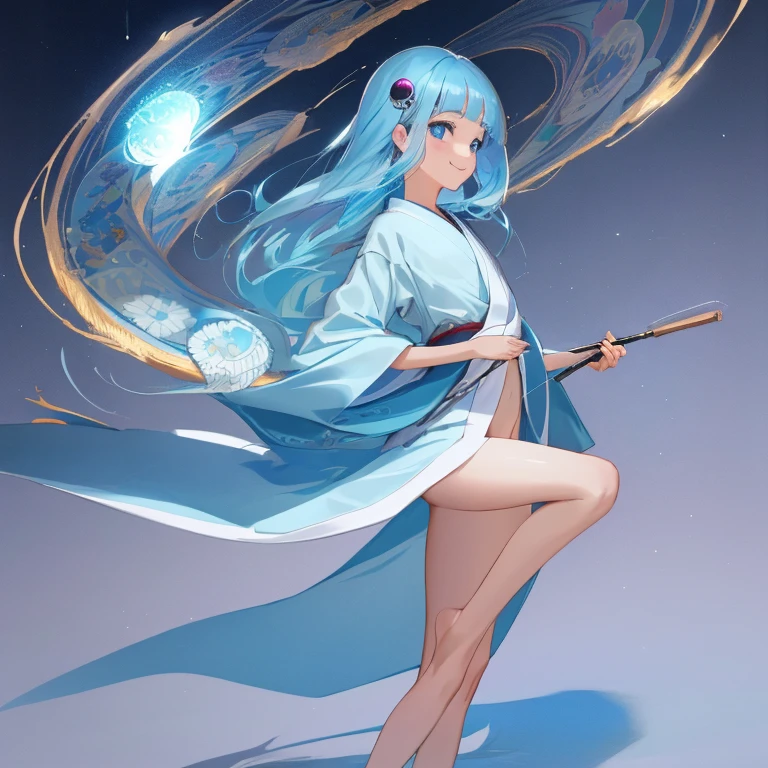 {{{{amazing quality, great quality, high quality, very aesthetic, aesthetic, best quality}}}},
realistic, photo, shadow, Three-dimensional, absurdres, Digital art,
{{{{Magical girl}}}}, beautiful girl, one girl,
light blue hair, long straight hair, hair, trimmed hair, shiny hair, blunt bangs, short sideburns,
blue eyes, big eyes, round eyes, tareme,
{{flat chest}}, {{small breasts}}, {{detailed body}}, slim thighs, thin thighs,
{{white mini yukata}}, {{yellow kimono obi}}, {{skull-shaped hair ornament}}, barefoot, Geta for women,
No panties, no bra, A big smile,
