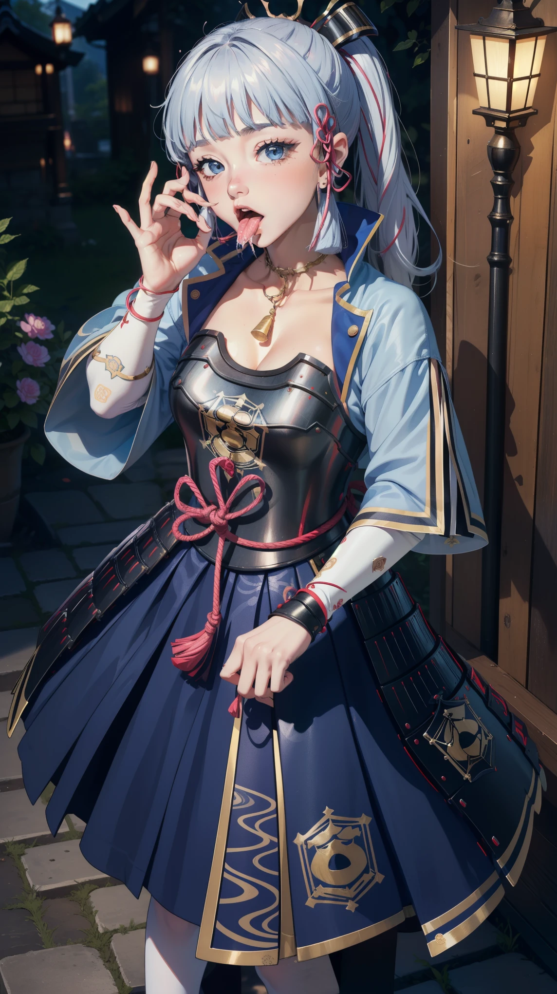 (masterpiece, top quality, best quality, official art, beautiful and aesthetic:1.2), (beautiful face), extremely detailed,colorful,highest detailed, (outdoors), bright eyes, (fellatio gesture:1.5),(night), standing, (kamisatoayakadef)