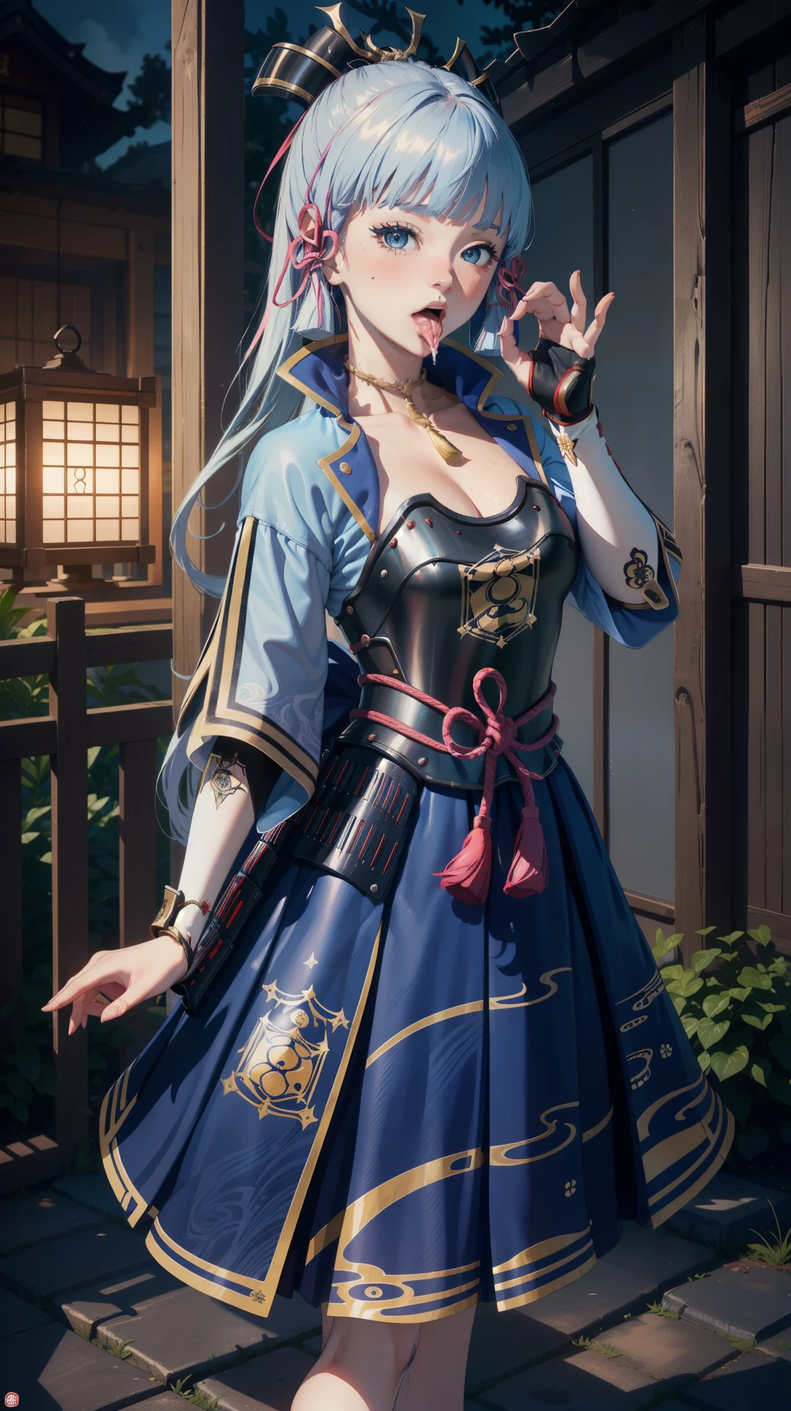 (masterpiece, top quality, best quality, official art, beautiful and aesthetic:1.2), (beautiful face), extremely detailed,colorful,highest detailed, (outdoors), bright eyes, (fellatio gesture:1.5),(night), standing, (kamisatoayakadef)