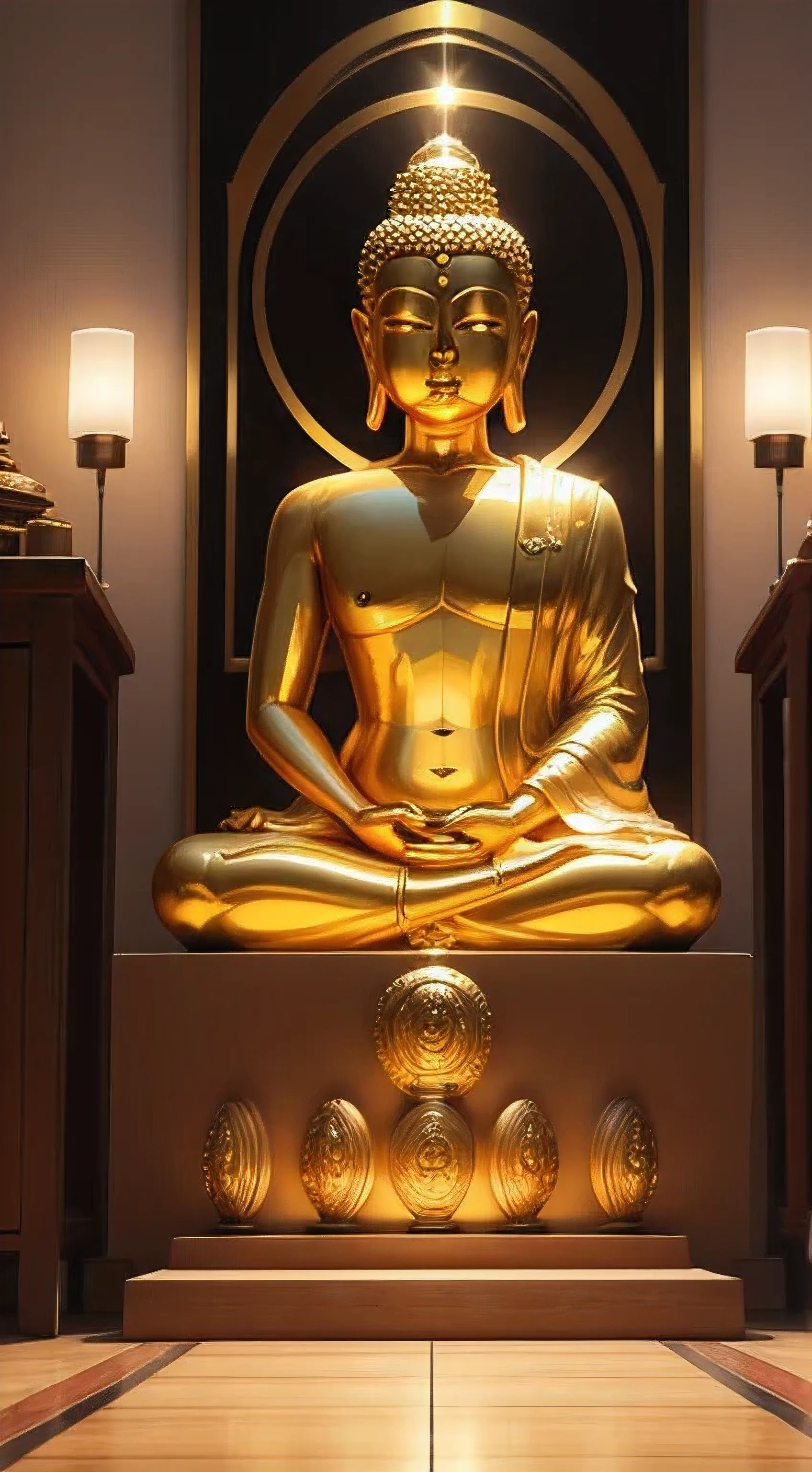 masterpiece, best quality, 8k, 4k, Golden Buddha statue with a shining halo, buddhism, the buddha, budista, Buddha, samsara, Enlightenment, beautiful gold saint, Spiritual enlightenment, Pushkaraka, Enlightenment, buddhist art, ((front viewing)), Shining golden aura, Enlightenment. Convoluted, on path to enlightenment, on path to enlightenment, radiating golden light, standing Budda,