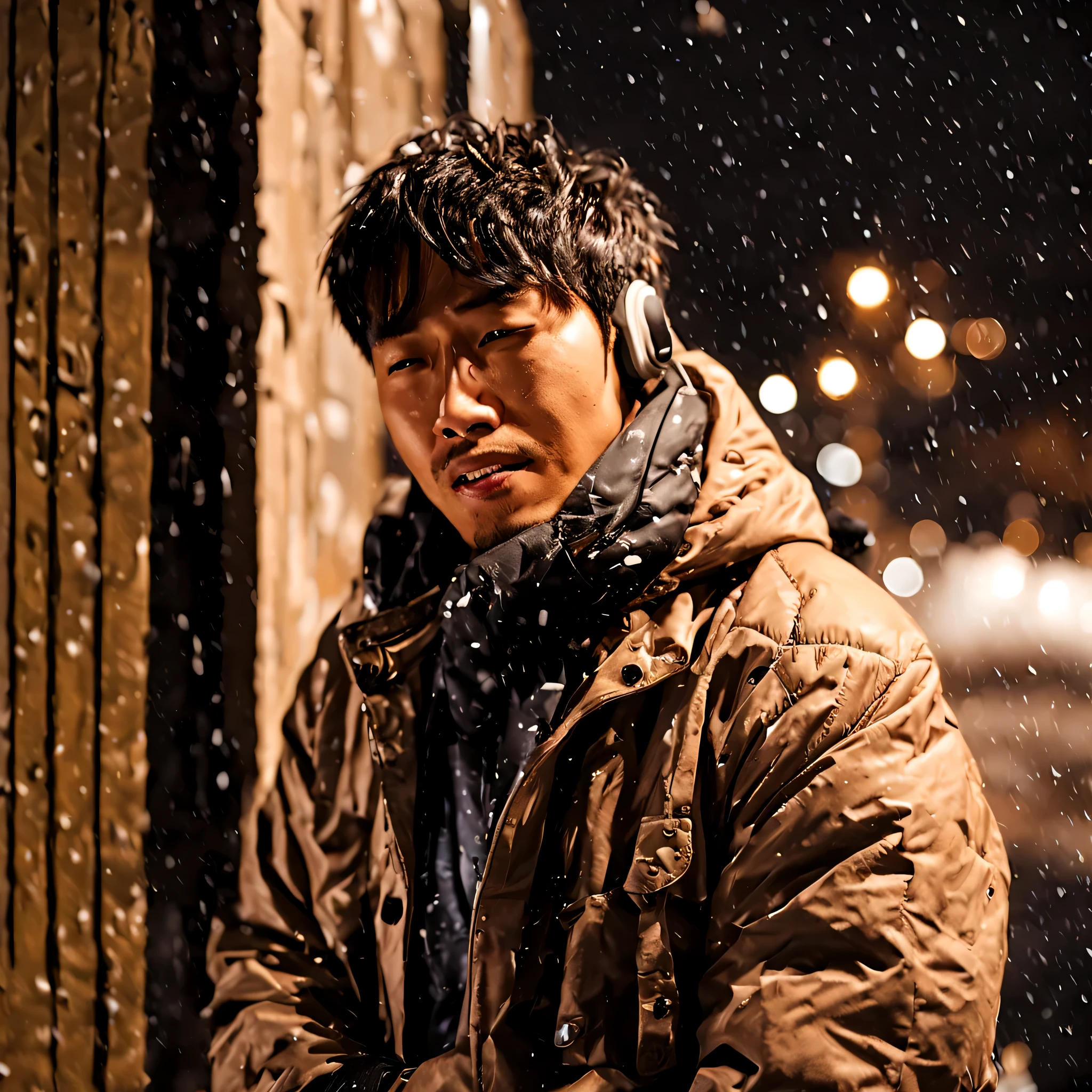 best picture quality，Detail enhancement，1 Asian male，28 years old，talking on phone，leaning against wall，（cry：1.8），tears，snow，night，warm light，