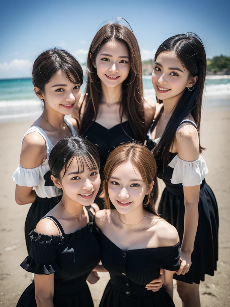 (8K、RAW photography、top-quality、tmasterpiece:1.2)、ultra - detailed、Hyper-Resolution、(hyper realisitc:1.4)、（Use the kiss you throw as a camera）from the above、camera shot from above、Shoot the camera angle from above、I look at this with upward eyes、Arms outstretched、Arms spread wide、Use high-quality images taken from above with your camera、(5 girls on the beach 1:1.3)、、Offshore girls（dreamlike lighting）Head to waist、、white skinned、Fair-skinned female proofreading、super high image quality、、Beautiful female proofreading reflecting in light、astonishing detail、Beautiful girls in very detailed、(Faces with different patterns1:1.2)、(Different facial mood 1:1.3)、Each hairstyle has its own characteristics、colours々Hairstyles、colours々The hair color shines with a clean sheen、I love fishing on the boat、Brown hair shining in the light、One has a ponytail、、Modern cute girl、very detailed faces very detailed eyes、Very realistic skin、 Extremely detailed fingers, Highly detailed nose, highly detail mouth, perfect anatomia, (Off-the-shoulder Lolita costume 1:1.2)、、Their hair details sparkle、Hot teeth and smiles、Realistic body, white skinned, glistning skin, Slim body, Long straight hair, (Blunt bangs:1.2), , nixeu and sakimichan, twice, seifuku, sakimichan, promotional still, lalisa manobal, alena aenami and lilia alvarado
