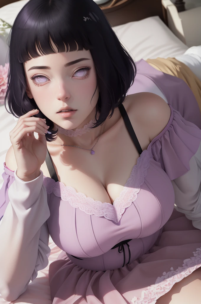 (masterpiece) (huge titusty, masterpiece, absurdres, hinata\(boruto\), 1girl, solo,mature female, off-shoulder bra, high waist short skirt, looking at viewelling petals), perfect composition, detailed lips, big breast, beautiful face, body propotion, blush, (pink lips), short hair, (black hair), purple eyes, soft gaze, super realistic, detailed, photoshoot, realistic face and body, closed mouth, laying on the bed , lilac eyes, full body, lace clothes, with chin resting on shoulder