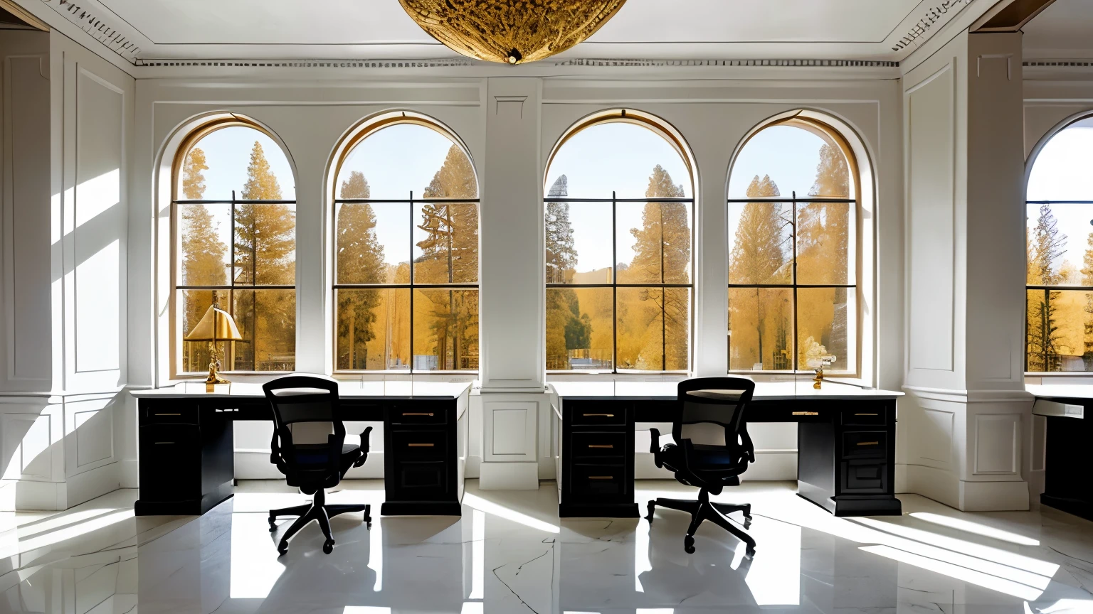 an office backdrop, white quartz floor, alabaster walls, vaulted ceiling, gold trim, sequoia trees outside the window, 2 desks are made of ebony with white marble tops, no people