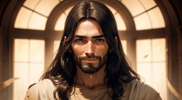 an image of Jesus, imposing, with a look of mercy, smiling with tears in his eyes.