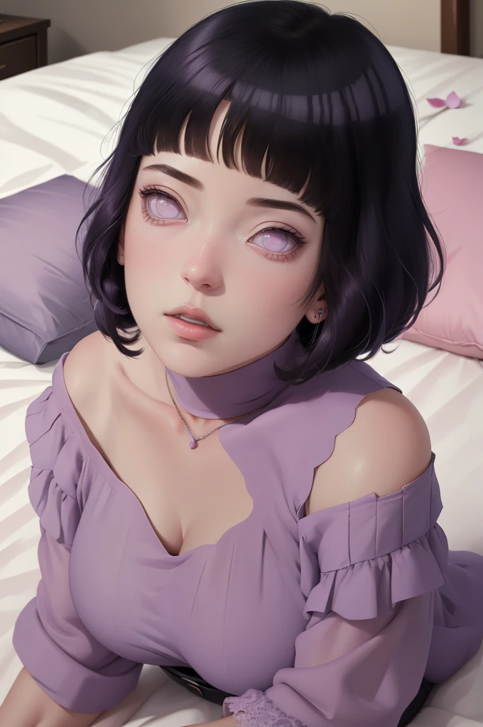 (masterpiece) (huge titusty, masterpiece, absurdres, hinata\(boruto\), 1girl, solo,mature female, off-shoulder bra, high waist short skirt, looking at viewelling petals), perfect composition, detailed lips, big breast, beautiful face, body propotion, blush, (pink lips), short hair, (black hair), purple eyes, soft gaze, super realistic, detailed, photoshoot, realistic face and body, closed mouth, laying on the bed , lilac eyes, full body, lace clothes, eating strawberry