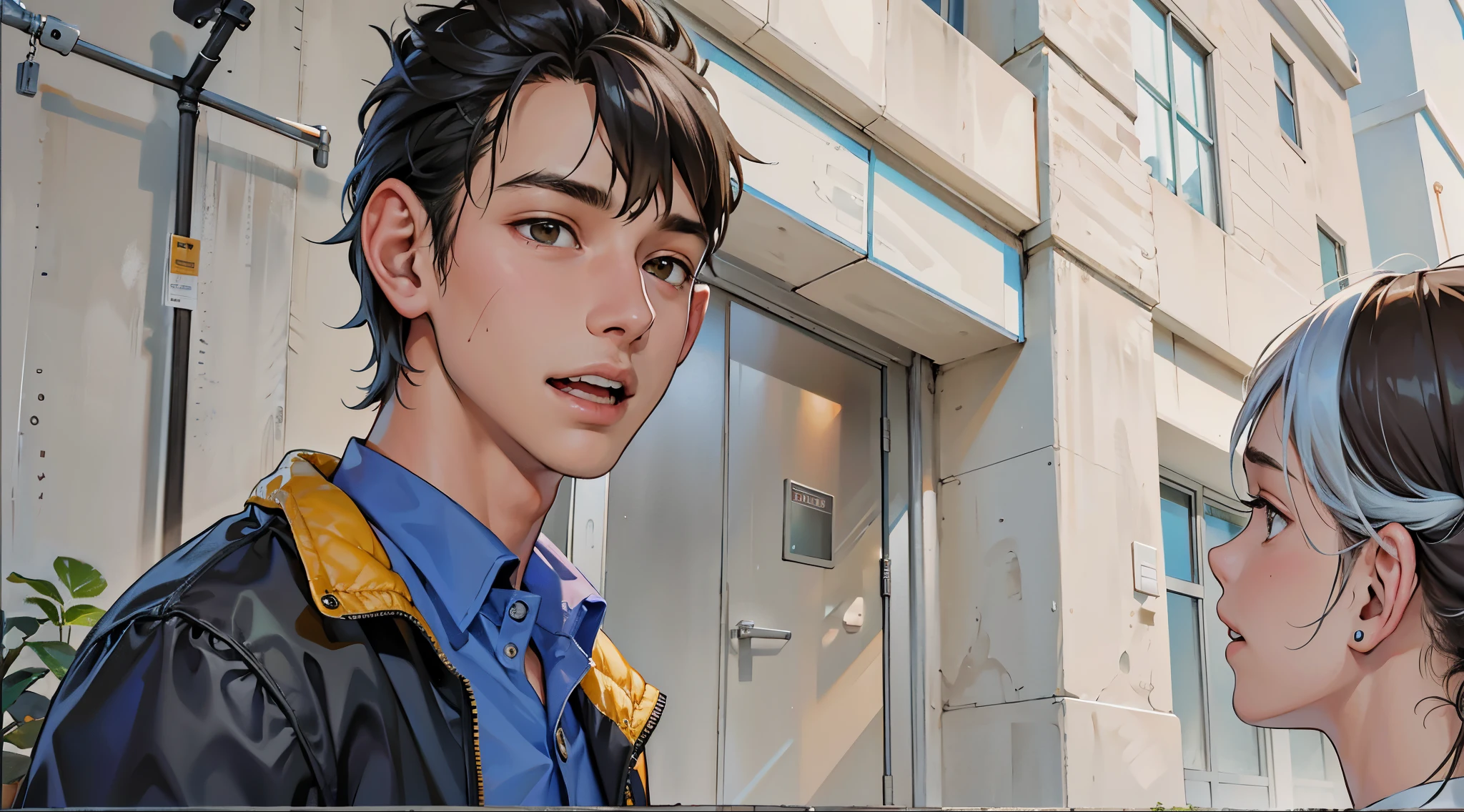 There are two young people of 14 years of age, one in front of the other, asking him to leave. 