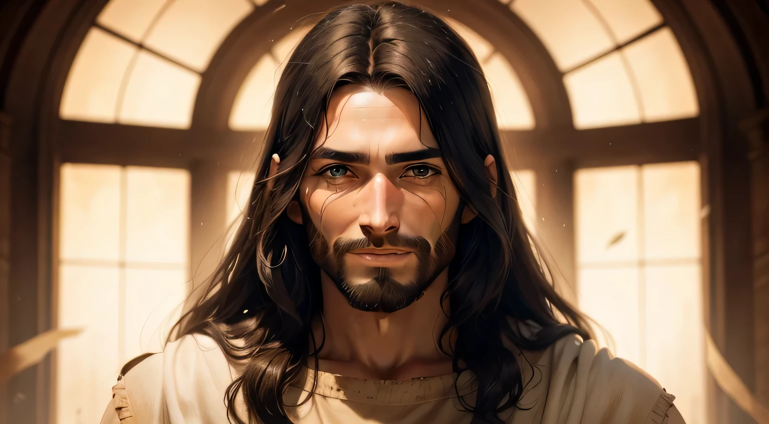 Uma imagem de Jesus, imponente, with a look of mercy, smiling with tears in your eyes.