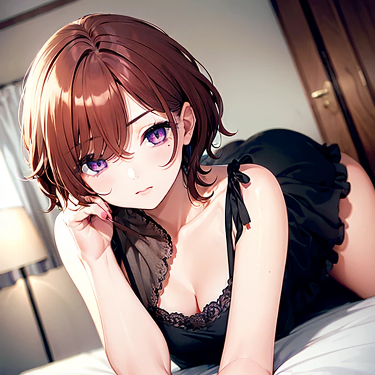 ultradetail(eye:1.7),highest quality、on the bed、beautiful cleavage、small breasts、disheveled clothing、slender、shy face、doggypose