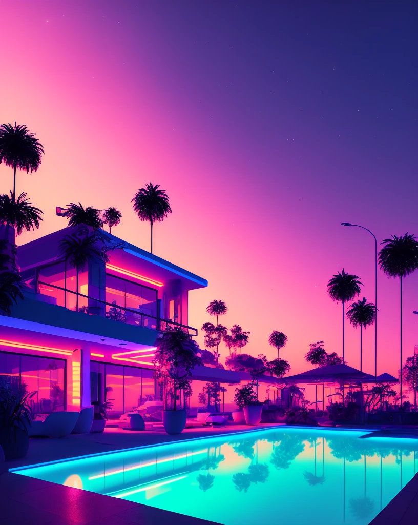 Vaporwave Aesthetic,glitched digital art,retro futuristic landscape,neon lights,sunset,Japanese characters,palm trees,80s style,chrome statues,low-polygon sculptures,lo-fi vibes,aesthetic vaporwave color palette: (best quality,4k,8k,highres,masterpiece:1.2),ultra-detailed,(realistic,photorealistic,photo-realistic:1.37),glowing lights,reflective surfaces,vintage VHS effects,tranquil atmosphere,synthwave music,indoor swimming pool,calm and dreamy ambiance,cityscape at dusk,surreal and nostalgic,smooth gradients,technological glitches,3D-rendered objects,pastel color scheme,vibrant and rich colors