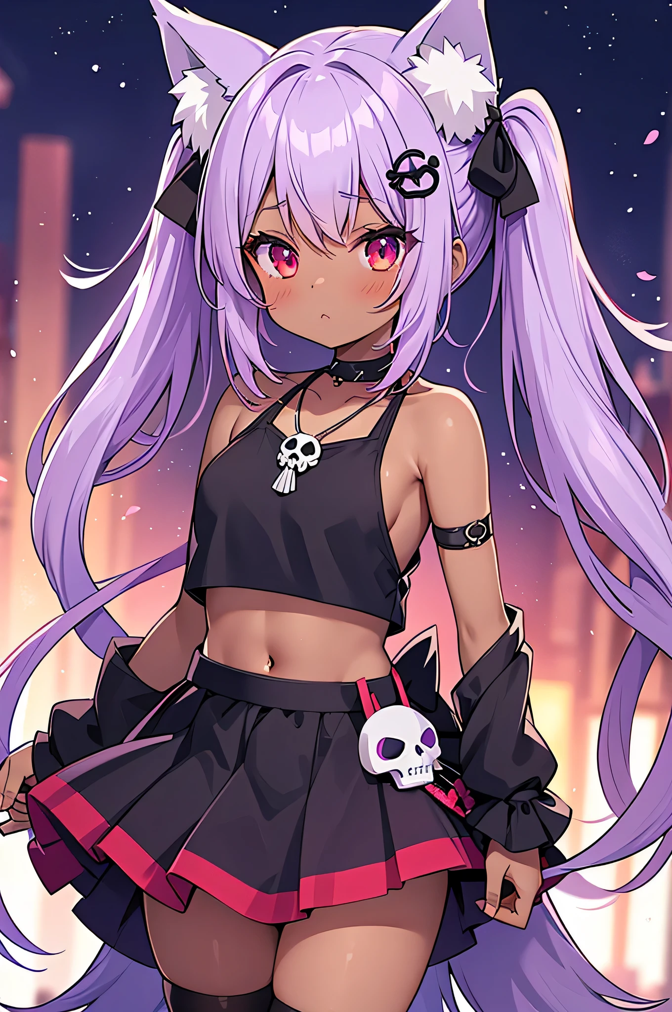 1 girl, , purple hair, glowing red eyes, dark skin twin tails,fox girl, kistsune girl, fox ears, fox tail, crop top, skirt flowers, cute face, skull shaped hair clip, necklace with skull, ribbons, no back ground, goth