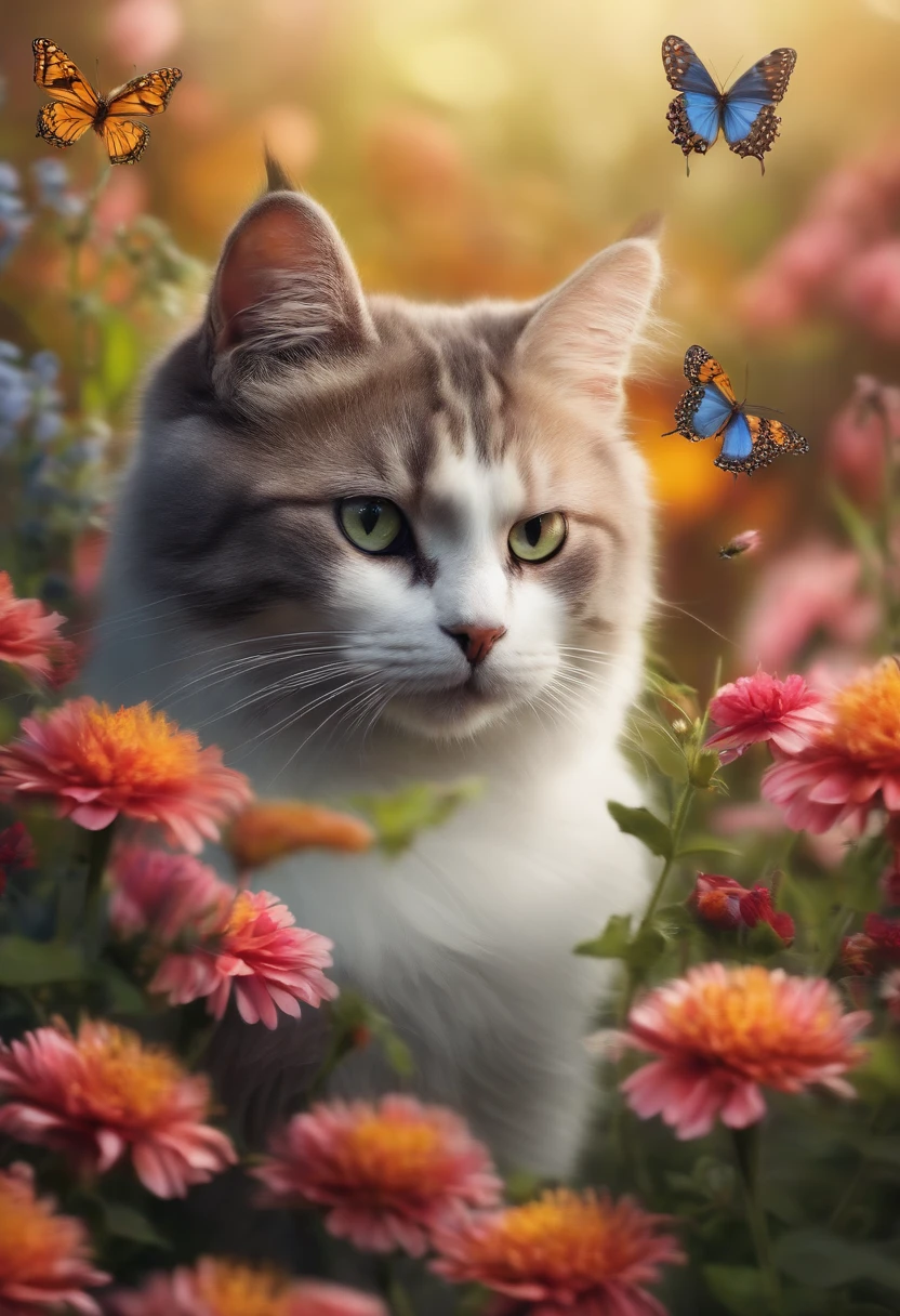 cat surrounded by flowers　looking at the camera　The background isﾎﾞｹ　Butterflies flutter