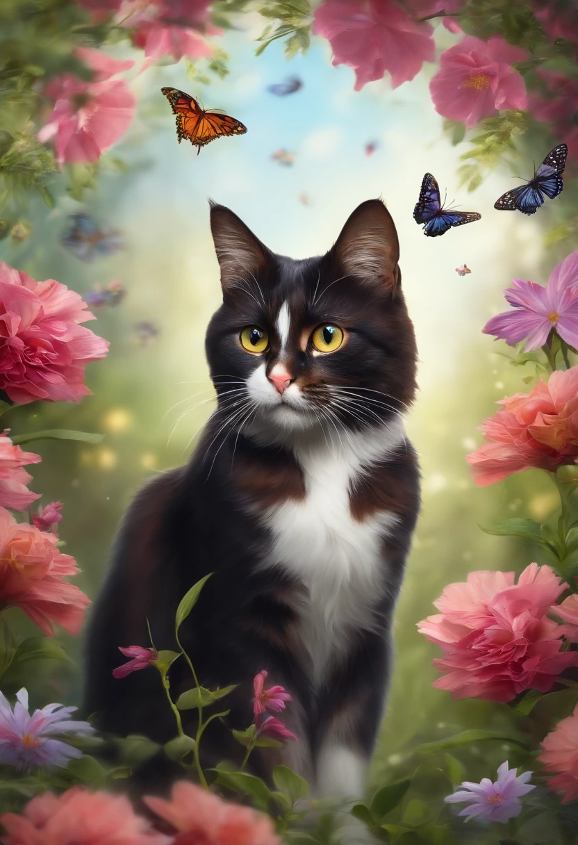 cat surrounded by flowers　looking at the camera　The background isﾎﾞｹ　Butterflies flutter
