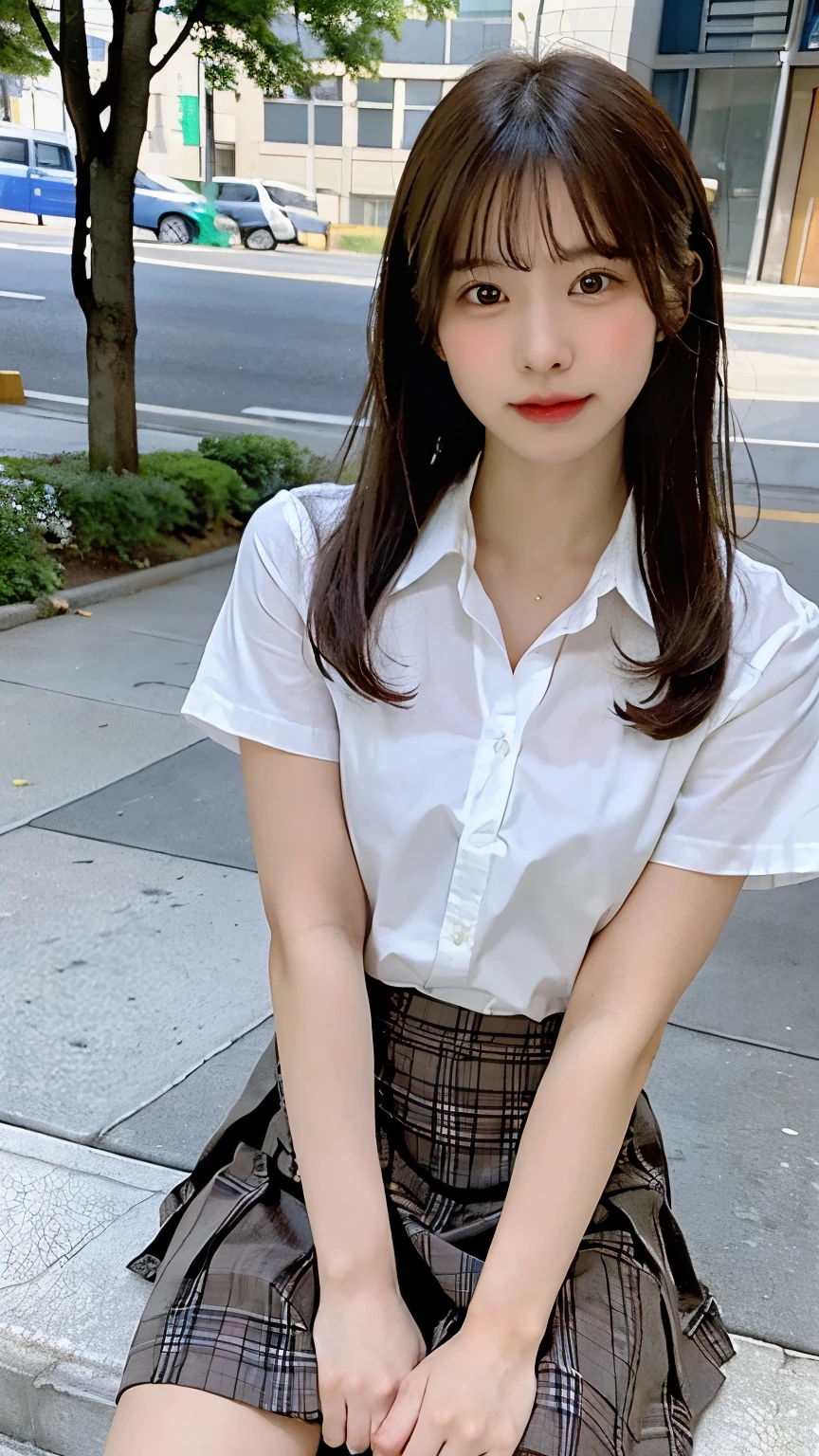NSFW, 8K RAW photo, highest quality, masterpiece, ultra high resolution, film grain, movie, 1 girl, looking at the viewer, natural skin texture, Realistic eye and face details, full lips, lip tick, (compensate), Random hairstyles、A sloppy smile、beautiful feet,  skinny, slim_feet, alone, big 、cleavage,  super short skirt, teeth, shirt, beautiful natural location, Around Hanaba, (detailed background), Plaid skirt, white shirt, Show a little cleavage through the shirt, loafers, blurry background、holding, Plaid, short sleeve, brown hair, bangs, school uniform, parted lips, pleated skirt, written boundary depth、(shirtの胸元が大きく開いている:1.2)、Chest looks good:1.2