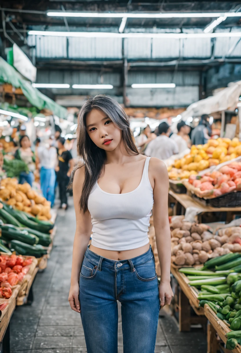 Asian girl, teenager, Gray hair, long hair, White tank top, jeans ,With details, Big breasts ,expose ,standing in the market ,Morning in Japan look sexy, Full body shot with dslr super35 camera, hd 36k , Automatic light adjustment, 