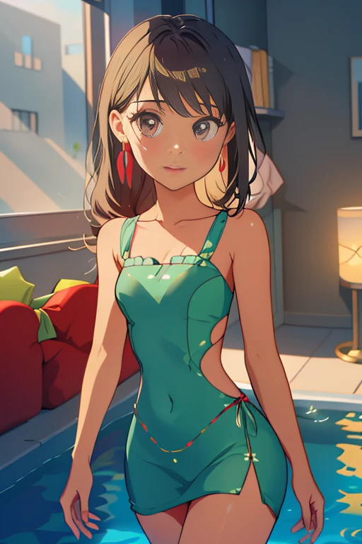 Fondo de pantalla 8K extremadamente detallado), Tapa corta:1.2, sala de casa ,usando vestido color turqueza , small turquoise dress, gafas de sol como diadema , sandalias blancas con arco verde , aretes de aro color rojo, Altamente detallado , cinematic lighting, Escena brillante, Cameltoe:1.2, Brecha entre el muslo, Luces suaves, senos grandes , Chica en forma,ojos azules, modelo adolesente , Chica delgada , beautiful teenage girl , posando y saludado para la camara , linda sonrisa ,cuerpo completo