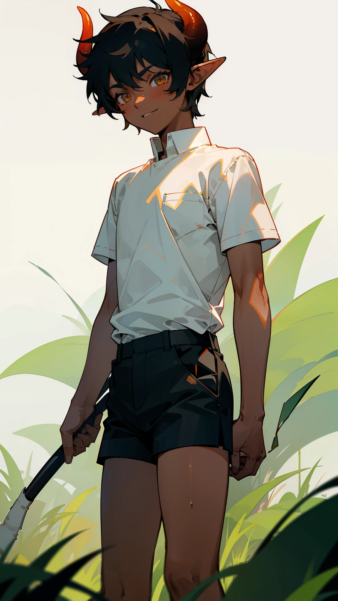 1boy,,solo,happy,((dark skin)),((white shirt,short sleeves,black shorts)),Short hair,black hair,elf ears,(horns),(standing,grass,grass,),cowboy shot