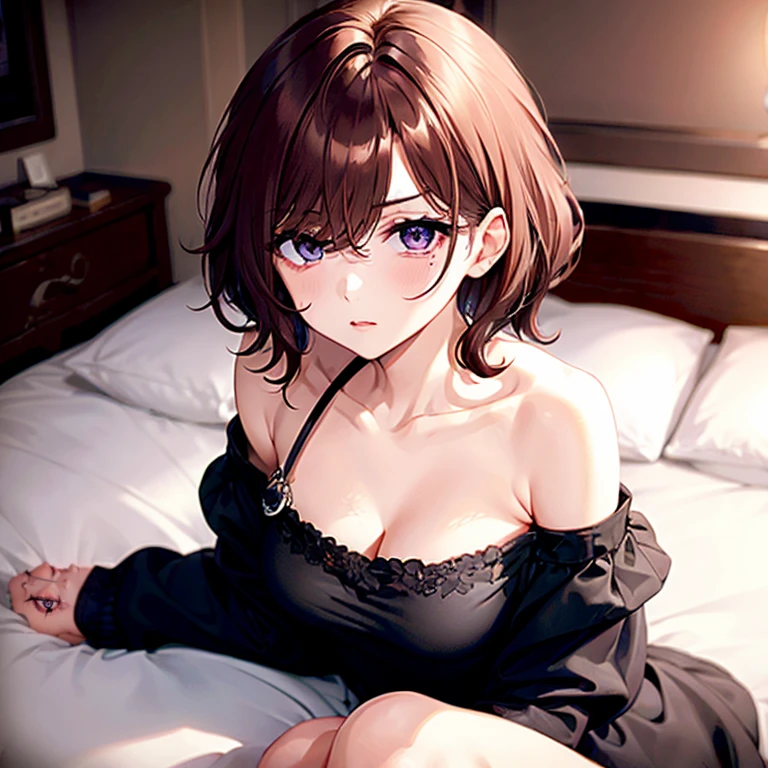 ultradetail(eye:1.7),highest quality、on the bed、beautiful cleavage、small breasts、disheveled clothing、slender、Humiliated face、Seductive posture