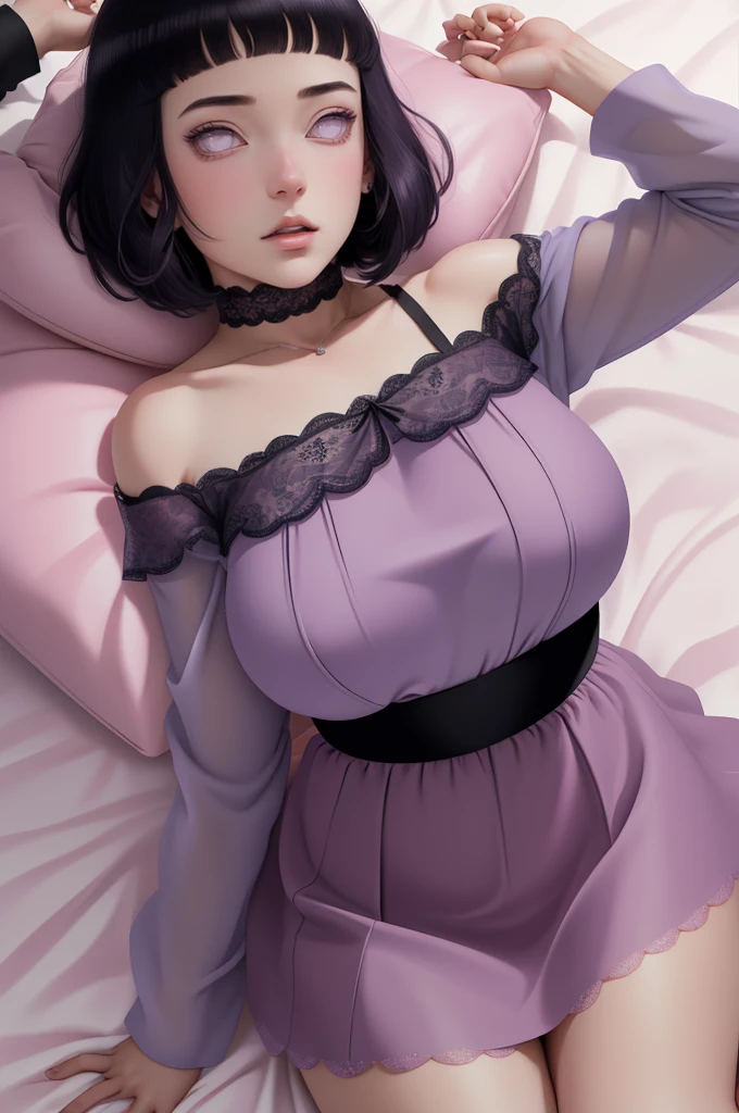 (masterpiece) (huge titusty, masterpiece, absurdres, hinata\(boruto\), 1girl, solo,mature female, off-shoulder bra, high waist short skirt, looking at viewelling petals), perfect composition, detailed lips, big breast, beautiful face, body propotion, blush, (pink lips), short hair, (black hair), purple eyes, soft gaze, super realistic, detailed, photoshoot, realistic face and body, closed mouth, laying on the bed , lilac eyes, full body, lace clothes, 