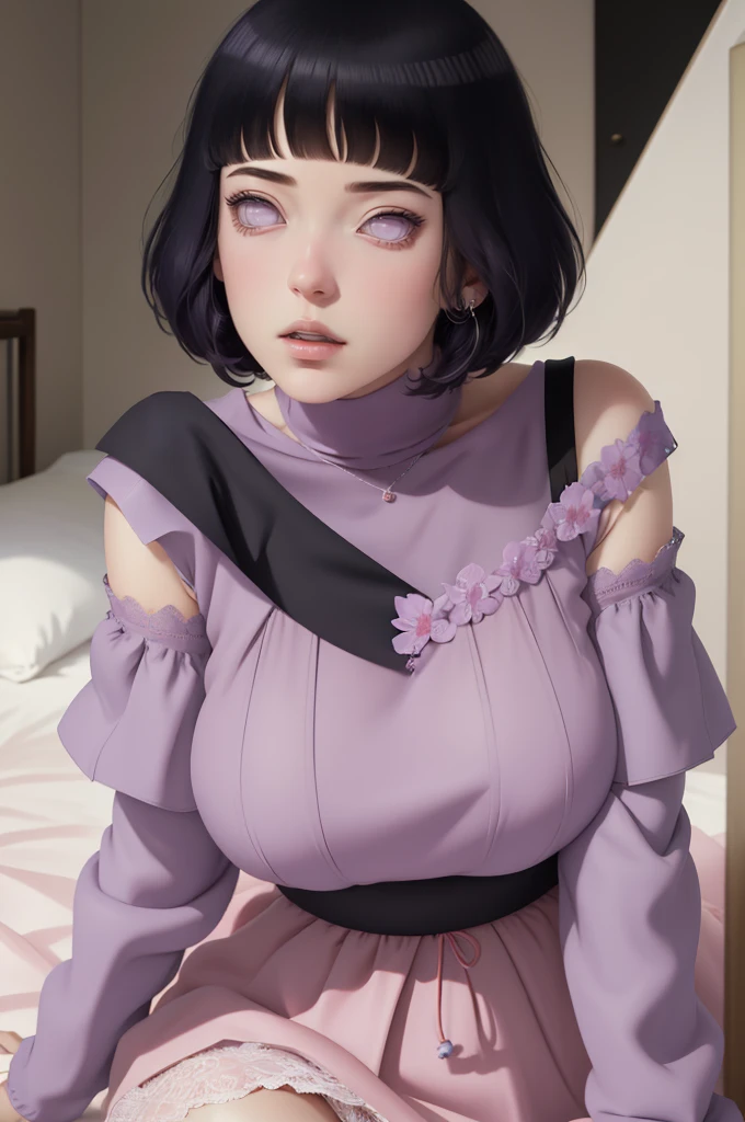 (masterpiece) (huge titusty, masterpiece, absurdres, hinata\(boruto\), 1girl, solo,mature female, off-shoulder bra, high waist short skirt, looking at viewelling petals), perfect composition, detailed lips, big breast, beautiful face, body propotion, blush, (pink lips), short hair, (black hair), purple eyes, soft gaze, super realistic, detailed, photoshoot, realistic face and body, closed mouth, laying on the bed , lilac eyes, full body, lace clothes, 