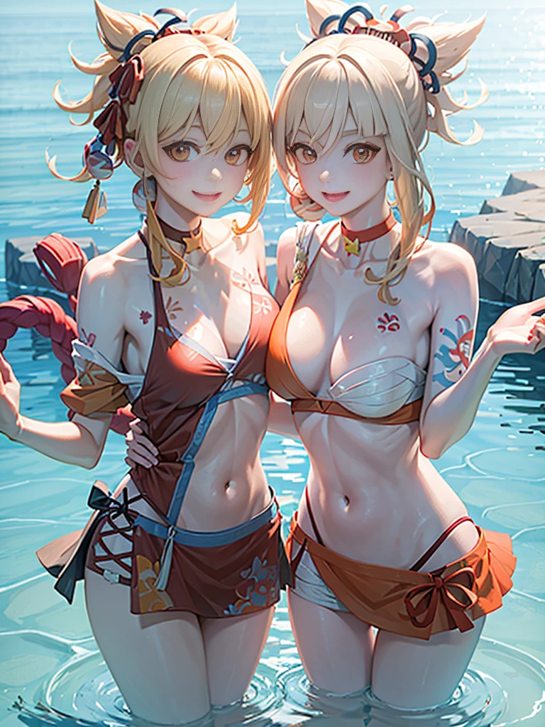 2 girls smiling in water in bathtub，No teeth exposed. Female twins， Vibrant colors，natural lighting, best quality, Chest to chest, Put your left hand around each other&#39;s waist, sunny masterpiece, Navel exposed, Blushed, Orange swimsuit ; , full, 饱full big breast 露肚脐 搂腰 large breast 左手抬起左侧乳房紧紧挨在一起 