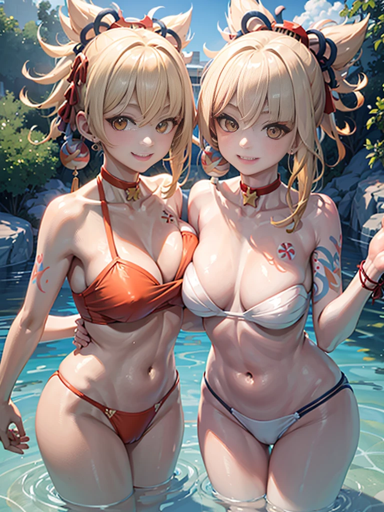 2 girls smiling in water in bathtub,No teeth exposed. Female twins, Vibrant colors,natural lighting, best quality, Chest to chest, Put your left hand around each other's waist, sunny masterpiece, Navel exposed, Blushed, Orange swimsuit ; , full, 饱full big breast 露肚脐 搂腰 large breast 左手抬起左侧乳房紧紧挨在一起
