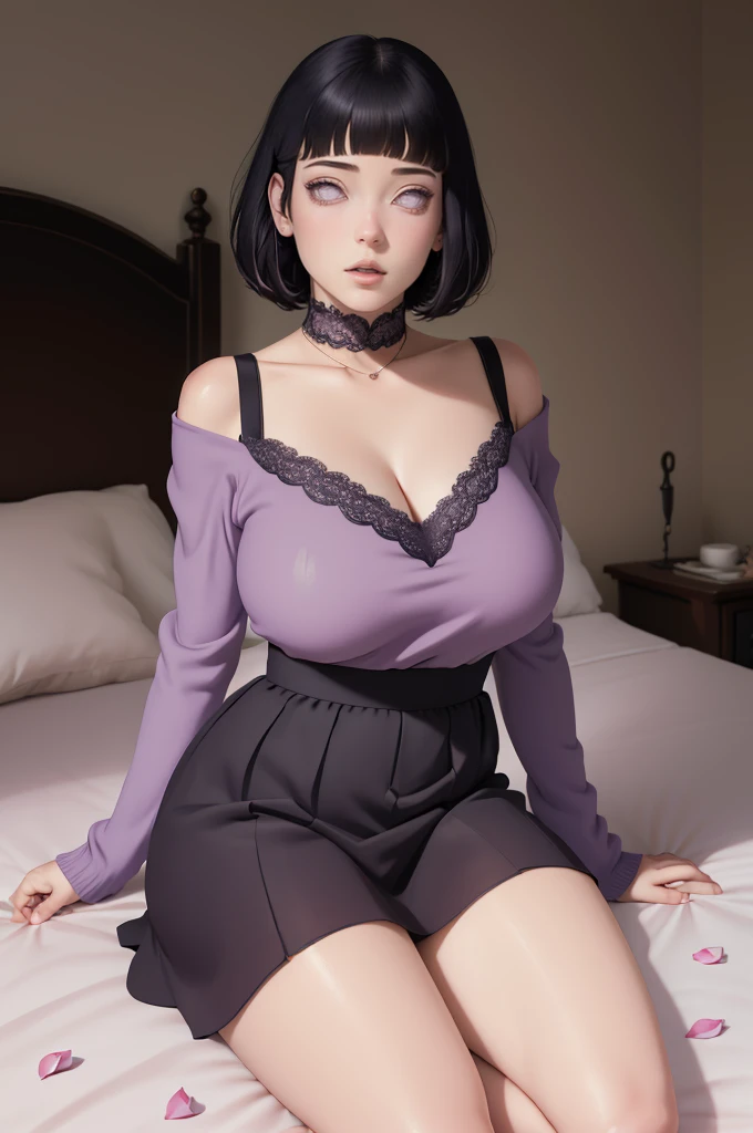 {-erro_de_anatomia:1.0}(masterpiece) (huge titusty, masterpiece, absurdres, hinata\(boruto\), 1girl, solo,mature female, off-shoulder bra, high waist short black skirt, looking at viewelling petals), perfect composition, detailed lips, big breast, beautiful face, body propotion, blush, (pink lips), short hair, (black hair), purple eyes, soft gaze, super realistic, detailed, photoshoot, realistic face and body, closed mouth, laying on the bed , lilac eyes, full body, lace clothes, perfect fingers