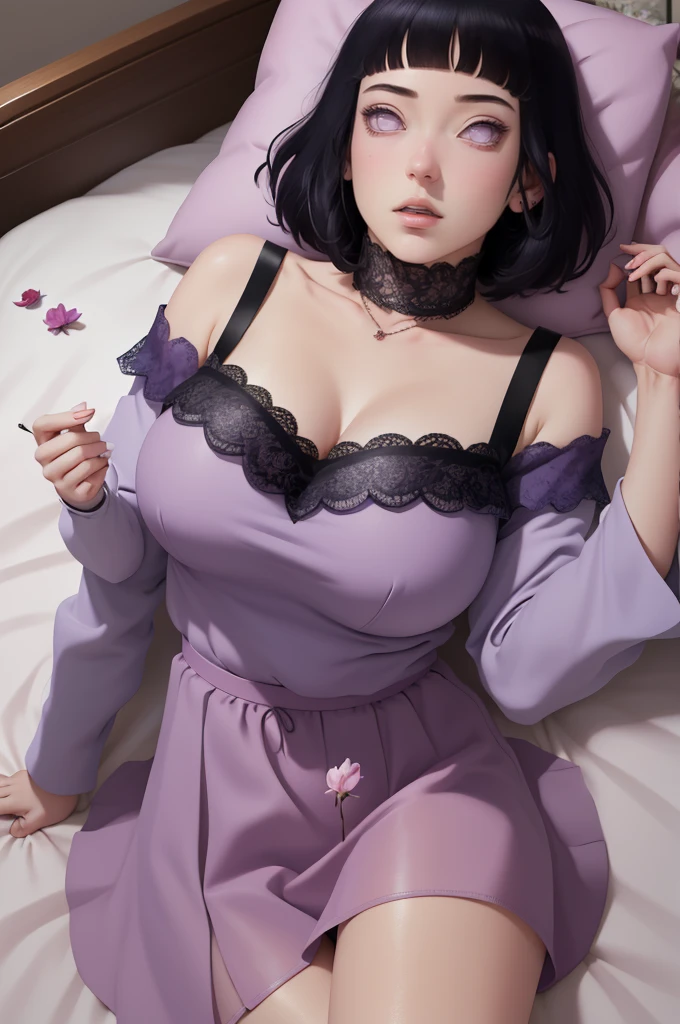 (masterpiece) (huge titusty, masterpiece, absurdres, hinata\(boruto\), 1girl, solo,mature female, off-shoulder bra, high waist short skirt, looking at viewelling petals), perfect composition, detailed lips, big breast, beautiful face, body propotion, blush, (pink lips), short hair, (black hair), purple eyes, soft gaze, super realistic, detailed, photoshoot, realistic face and body, closed mouth, laying on the bed , lilac eyes, full body, lace clothes,