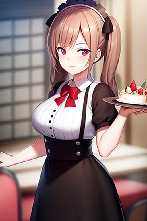 foto promocional, The place is a café, 1 garota, Rosto de 16 anos, Waitress carrying cake to the table, Red-haired twin tails, Rosto gentil, Gothic lolita costume and maid costume with the image of strawberries, white-based clothes,