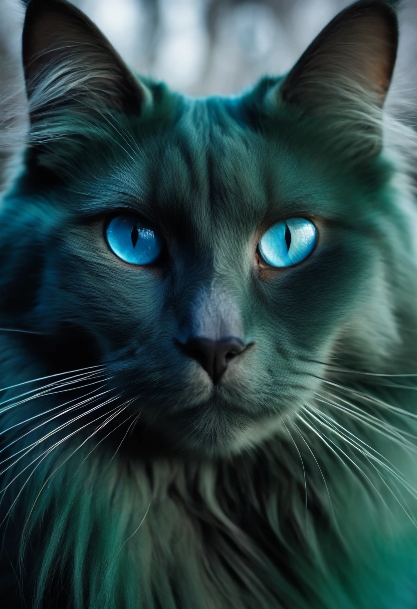 cute long haired blue cat blue eyes looking at the camera、 background green