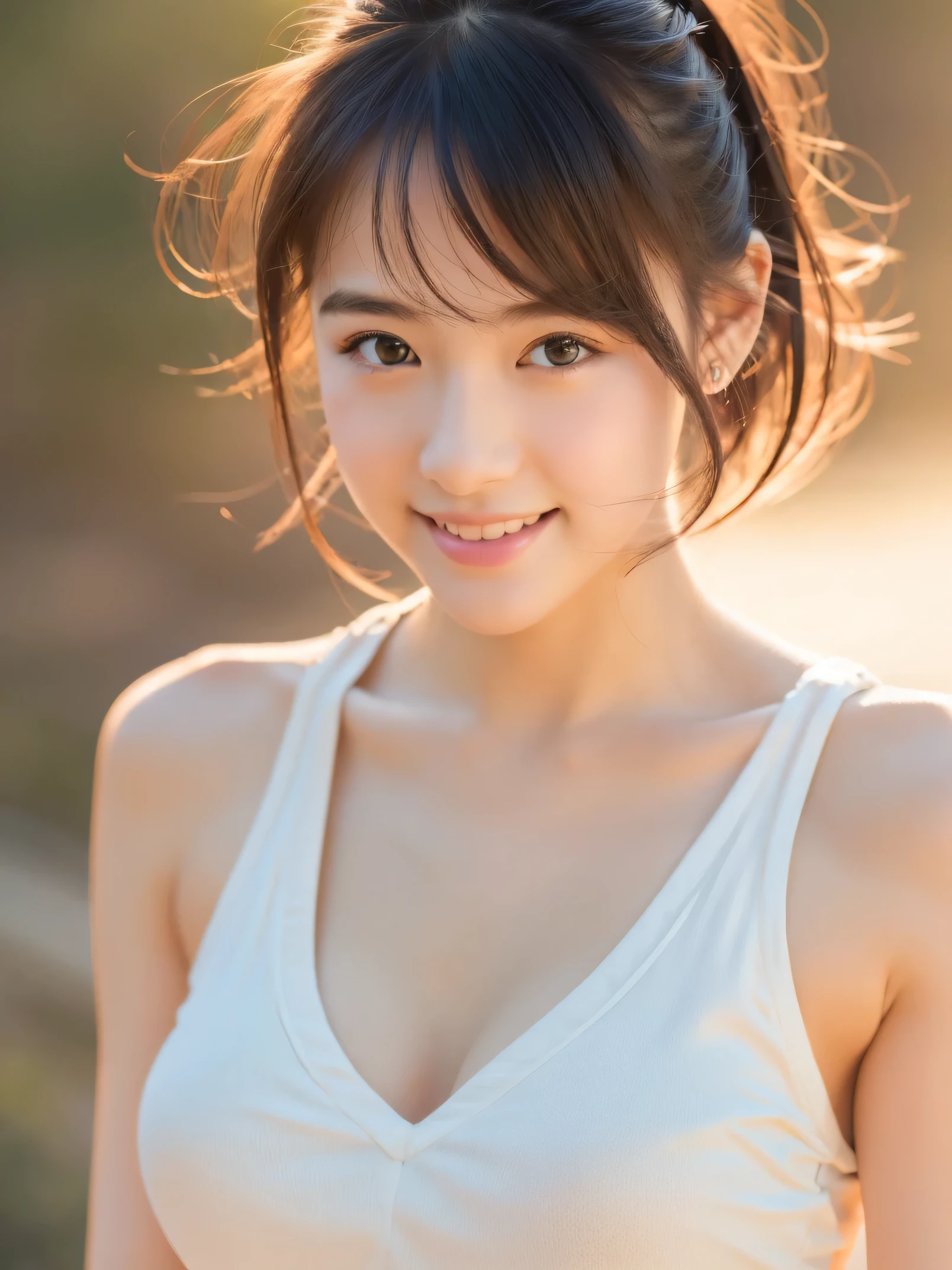 masterpiece, highest quality, RAW photo, realistic, smile, beautiful girl, cute, delicate girl, hair up, written boundary depth, High resolution, Super detailed, detailed, 非常にdetailedな目と顔, realistic student, sharp focus, cinematic lighting, Upper body, bangs, Tank top,