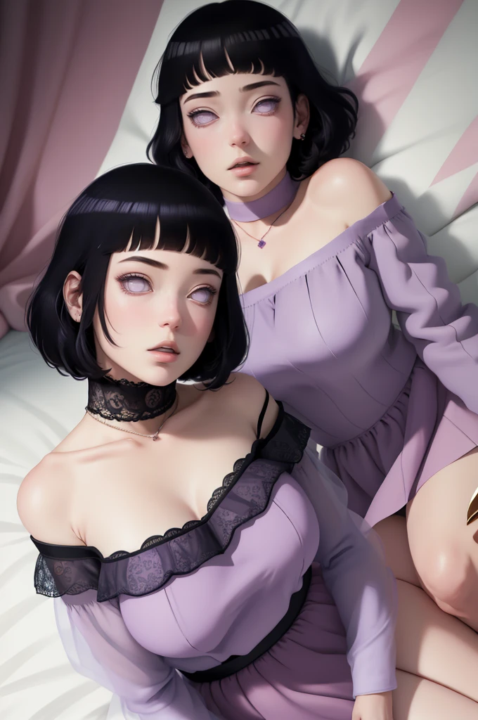 { - anatomy error} (Masterpiece - Ultra-detailed, very high resolution) (huge titusty, masterpiece, absurdres, hinata\(boruto\), 1girl, solo,mature female, off-shoulder bra, high waist black short skirt, looking at viewelling petals), perfect composition, detailed lips, big breast, beautiful face, body propotion, blush, (pink lips), short hair, (black hair), purple eyes, soft gaze, super realistic, detailed, photoshoot, realistic face and body, closed mouth, laying on the bed , lilac eyes, full body, lace clothes, with chin resting on shoulder, perfect fingers, backwards, looking back, 
