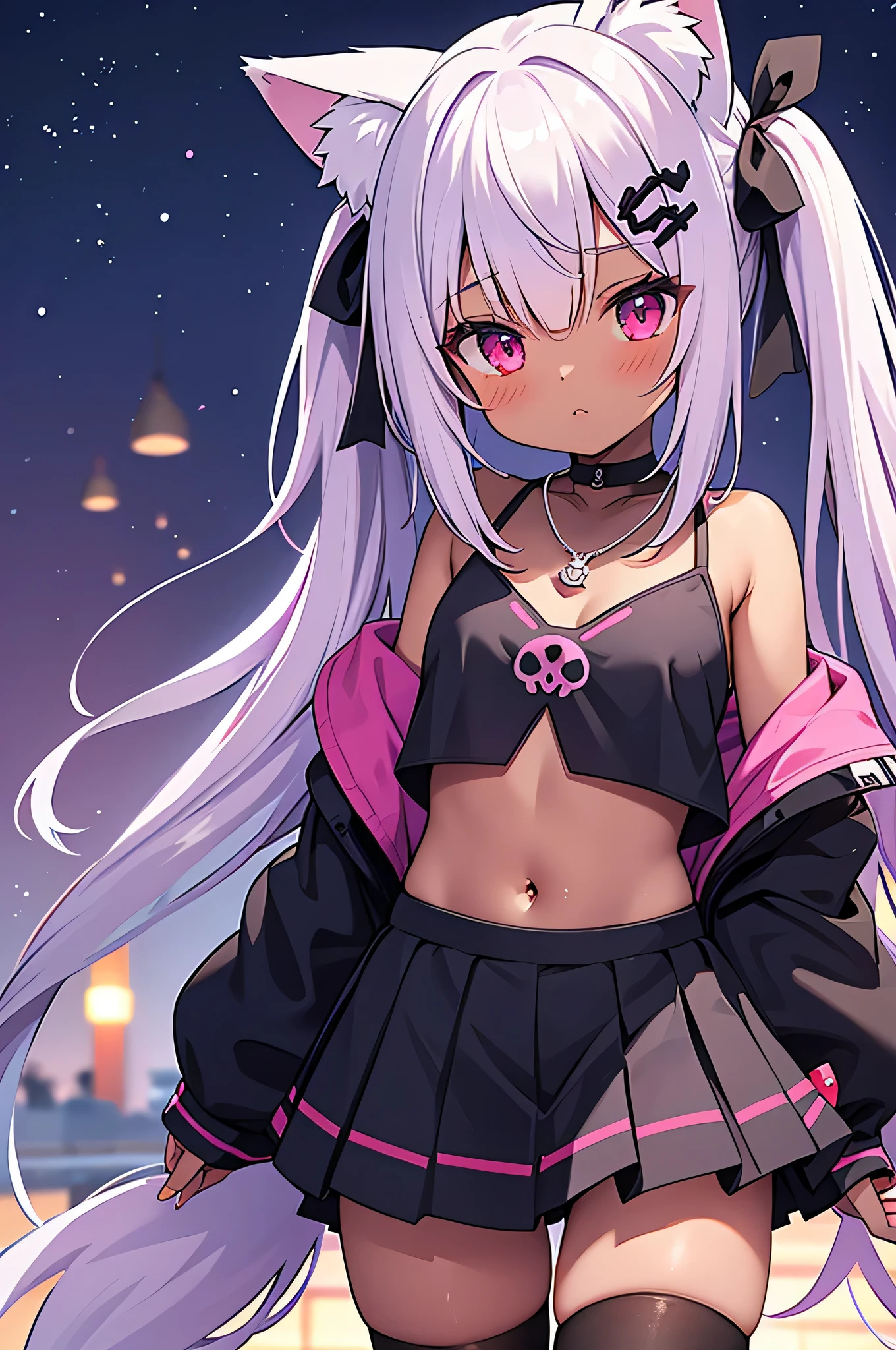 1 girl, , purple hair, glowing red eyes, dark skin twin tails,fox girl, kistsune girl, fox ears, fox tail, crop top, skirt flowers, cute face, skull shaped hair clip, necklace with skull, ribbons, no back ground, goth