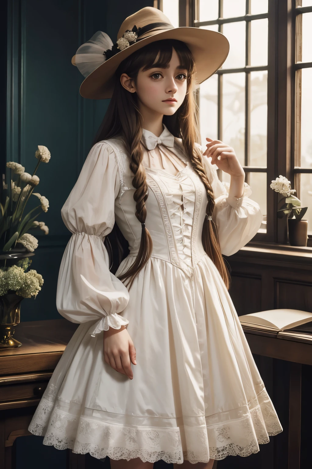 À la Fed image of a girl in a white lace dress and Leonardo da Vinci notes background, stunning young ethereal figure, portrait of a magical girl, portrait of a young witch girl, girl in steampunk clothes, musician girl in lace clothes, Natalia Dyer, Daphne Keen, portrait of a young witch, a girl with magical powers, inspired by Irakli Nadar, Inspired by William Mustoster Lockhart, top quality, detail, detail, masterpiece, high image quality , full body, very very long hair silky