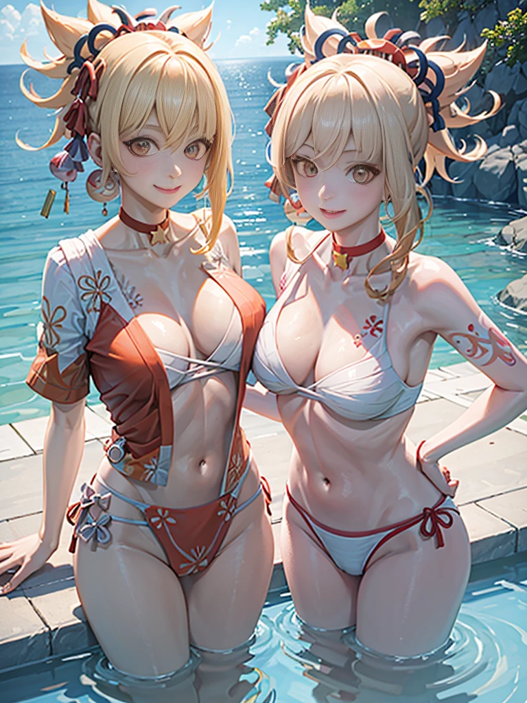 2 girls smiling in water in bathtub，No teeth exposed. Female twins， Vibrant colors，natural lighting, best quality, Chest to chest, Put your left hand around each other&#39;s waist, sunny masterpiece, Navel exposed, Blushed, Orange swimsuit ; , full, 饱full big breast 露肚脐 搂腰 large breast 左手抬起左侧乳房紧紧挨在一起