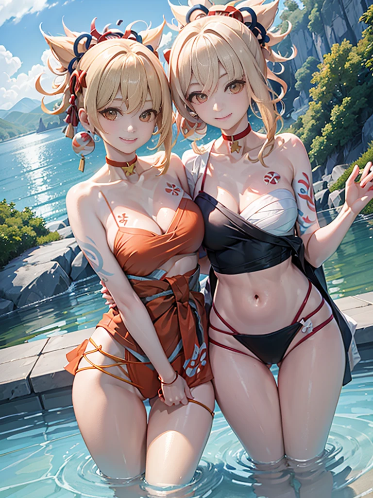 2 girls smiling in water in bathtub,No teeth exposed. Female twins, Vibrant colors,natural lighting, best quality, Chest to chest, Put your left hand around each other's waist, sunny masterpiece, Navel exposed, Blushed, Orange swimsuit ; , full, 饱full big breast 露肚脐 搂腰 large breast 左手抬起左侧乳房紧紧挨在一起