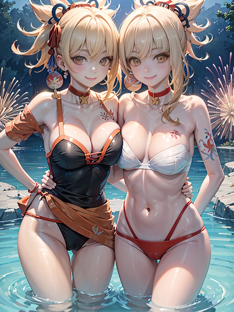 2 girls smiling in water in bathtub,No teeth exposed. Female twins, Vibrant colors,natural lighting, best quality, Chest to chest, Put your left hand around each other's waist, sunny masterpiece, Navel exposed, Blushed, Orange swimsuit ; , full, 饱full big breast 露肚脐 搂腰 large breast 左手抬起左侧乳房紧紧挨在一起