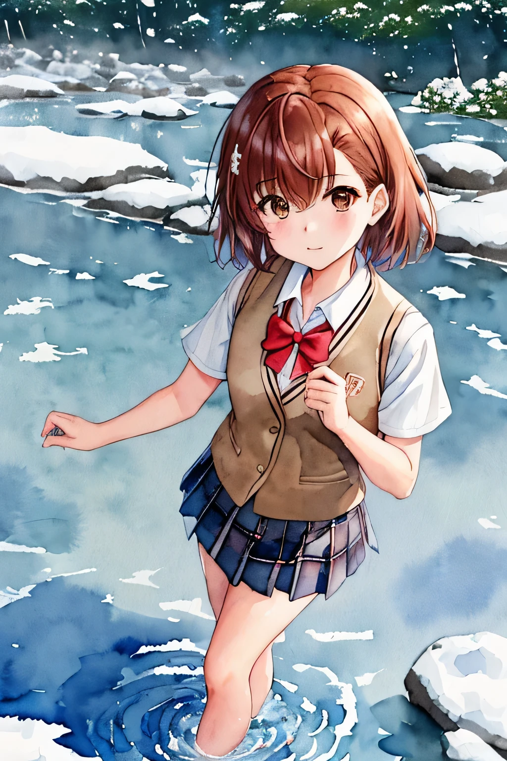 雪の残る冬のriverin遊ぶ少女, river、river、小river、(((there is a standing on a snowy rock in the water, 冬の浅いriverに立つ, standing next to water, 彼女は雪が残るriverの上を歩いています, standing on a rock covered with snow, standing in a pond, 流れる小riverに輝く, standing on a rock covered with snow, 背景は水彩スタイルinす, like々cool japanese girl, アジアのlikeい女の子)))、masterpiece, highest quality, 8K, brown eyes, looking for in viewer, 一人in, short_hair, closed_mouth, with collar_shirt, looking for_in_viewer, School_uniform, shirt, white_shirt, small_chest, (((まだ雪の残る冬のriverをスカートをたくし上げて膝まinつかって渡っている)))、Amikoto, short hair, hairの花, whiteのshirt, sweater vest, short sleeve, gray skirt, SHORTS UNDER SKIRT Amikoto, short hair, hairの花, red bow tie, blazer, brown jacket, long sleeve, PLAID SKIRT Amikoto, short hair, hairの花, Gym suit, bare shoulders, ノースリーブshirt, whiteのshirt, short半ズボン, whiteいショーツ