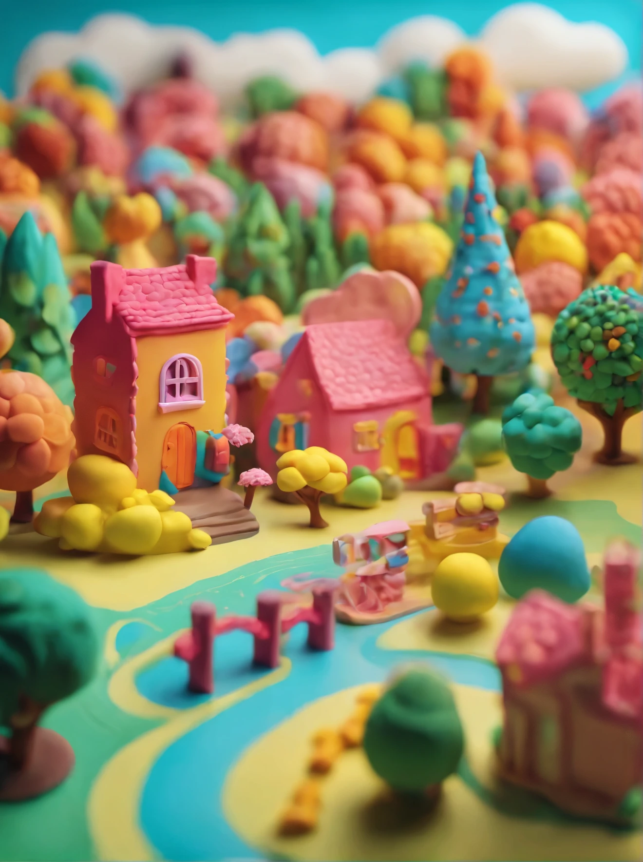 colorful plasticine town, trees, clouds, vibrant color, glossy, isolated in warm blurred background, gorgeous, octane render 